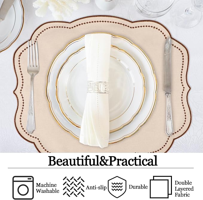 Cotton Linen Placemats Set of 4 - Double Layered, Luxury Scalloped Embroidered Cloth Table mats - Holidays, Christmas, Washable Mat, 16 x 13 inch (Beige)