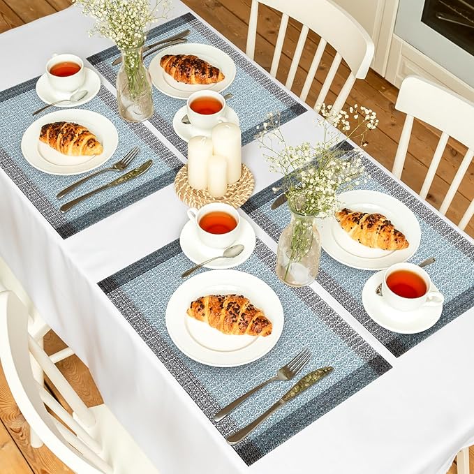 Bloss Blue Grey Ethnic Boho Placemats Set of 4-12x18Inch Table Mats Washable Heat-Resistant Place Mats for Dining Table, Easy to Clean Boho Farmhouse Placemats for Holiday Party Dining Table Decor