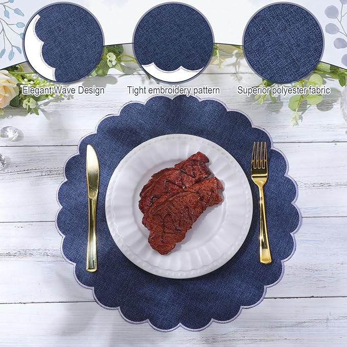 Set of 6 Round Placemats 15 Inch Cotton Scalloped Embroidery Placemat Washable Double Layered Rustic Dinner Table Mat Decor Fabric for Hotel Restaurant Kitchen(Navy Blue/White,Classic)