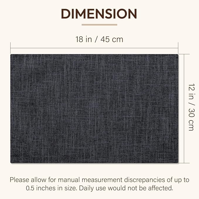 Blue Forest Placemats Set of 4, Dual-Layered Thickened Faux Linen Cloth Place Mats Heat Resistant Machine Washable Wrinkle Free Table Mats Indoor/Outdoor (Dark Grey)