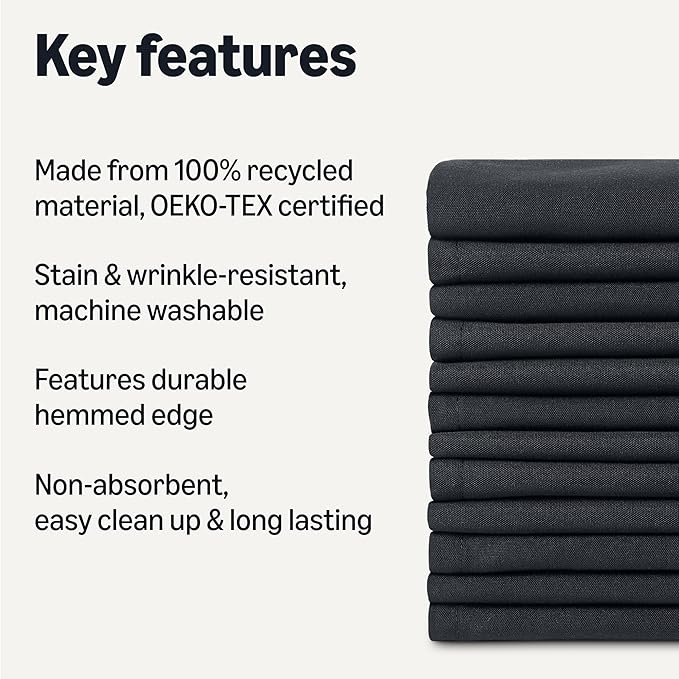 Amazon Basics Reusable Stain and Wrinkle Resistant Cloth Napkins, 17 x 17 inches, Black, 12-Pack