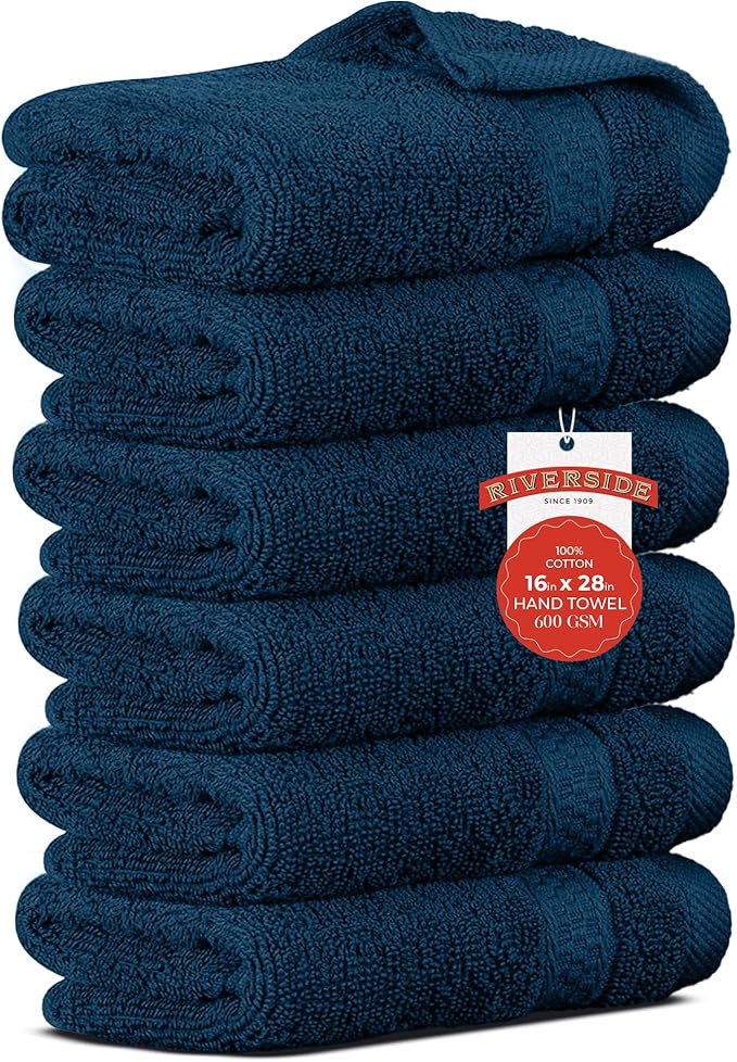 RIVERSIDE 6 Pack Premium Hand Towels Set, 16x28 inches, 100% Ring Spun Cotton, 600 GSM, Soft, Quick Dry and Highly Absorbent, Towels for Bathroom, Kitchen, Gym, Spa - Navy Blue
