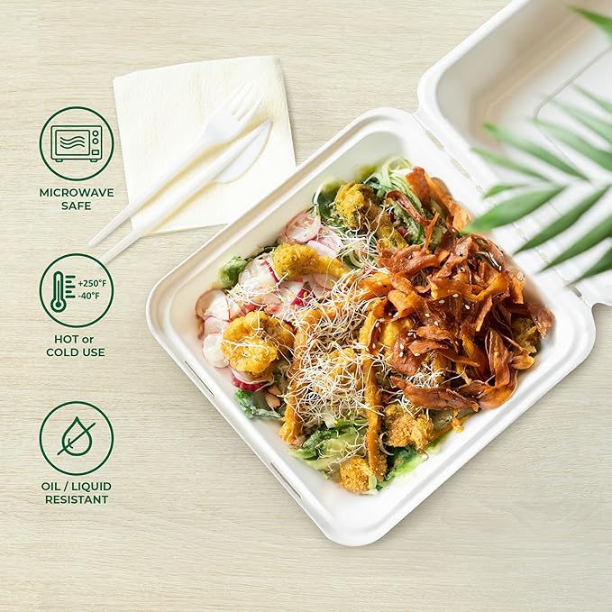Freshware Compostable 9x9" Clamshell Take Out Food Containers [50-Pack] - Biodegradable Sugarcane To Go Boxes - Paper Food Container - Microwave & Freezer Safe, Stackable