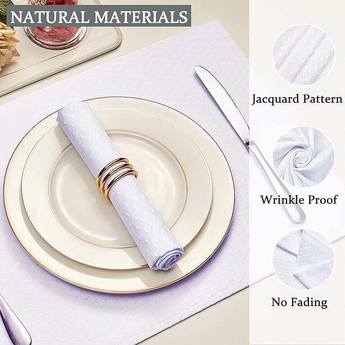 Cloth Napkins Set of 8 – Square 17x17 Inch Jacquard Fabric Polyester Washable Reusable Cloth Napkins for Kitchen Dinner Dining Restaurants Wedding Party Banquet Table (White)