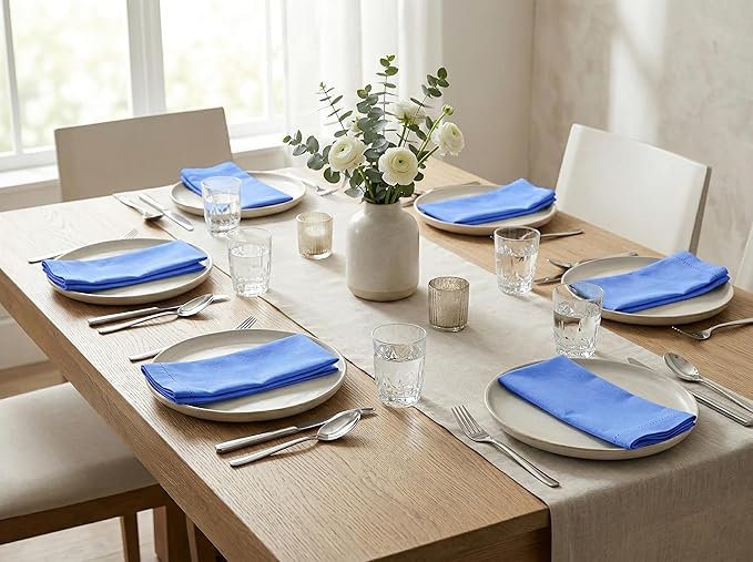 PurpleEssences Set of 12 Hemstitch Cloth Dinner Napkins 100% Cotton - Soft Durable Washable - Ideal for Wedding Spring Easter Summer - Perfect Everyday Use Table Linen 18x18 - Light Blue