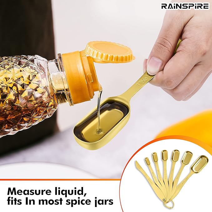 Rainspire Heavy Duty Measuring Spoons Set Stainless Steel, Metal Measuring Cups and Spoons Set for Dry or Liquid, Fits in Spice Jar, Home Gadgets Kitchen Gadgets, Set of 7 Including Leveler, Gold