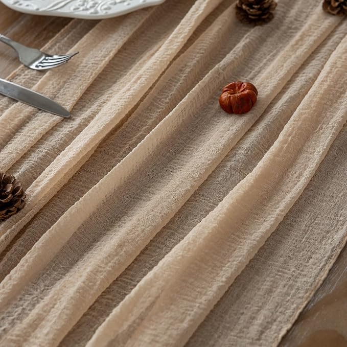 Keketoarrange Deep Beige Cheesecloth Table Runner Rustic Boho Butter Gauze 120 Inch 10 FT Cheese Cloth for Wedding Baby Bridal Shower Birthday Engagement Party Long Sheer Spring Home Decorations
