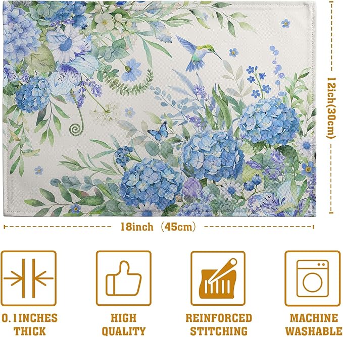 Blue Hydrangea Placemats Set of 4 Spring Summer Floral Green Leaf Bird Table Mat 12x18 Inch Rustic Daisy Flowers Hummingbird Place Mats for Party Kitchen Dining Outdoor Indoor Decor