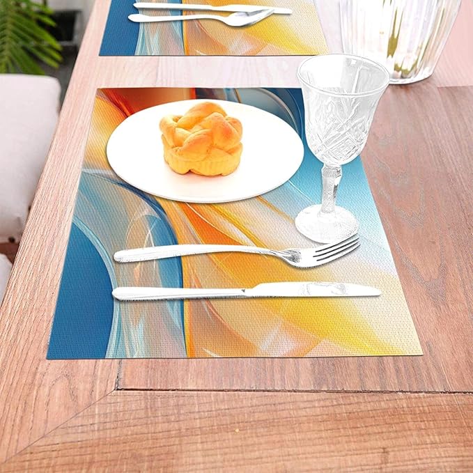 Blue and Orange Abstract Fluid Linen Placemats Set of 4, Non-Slip Heat-Resistant Modern Boho Burnt Orange Yellow and Blue Kitchen Table Mats for Dining Table, Kitchen, Coffee Shop, Modern Home Decor