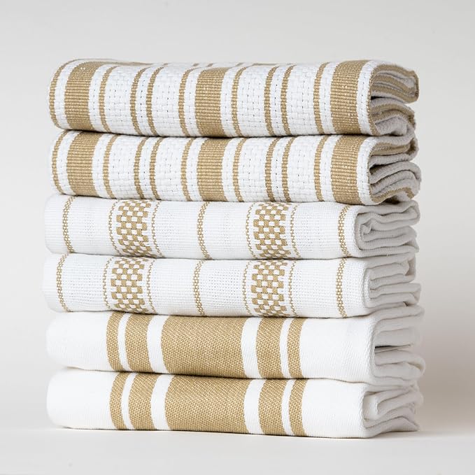 Kitchen Towels Set – Pack of 6 (20’’ x 30’’) Extra Large Premium Cotton Dish Towels for Kitchen – Absorbent – 100% Cotton – with Hanging Loop – Taupe Multi Design Striped