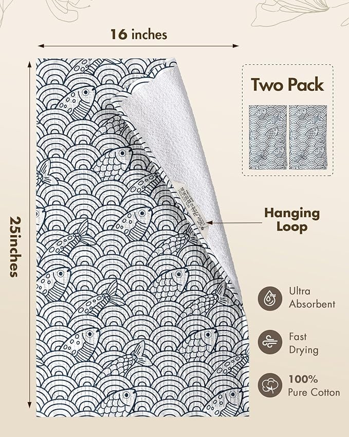 Miss Adola Cotton Waffle Kitchen Towels – Cute 370 GSM 16x25 Inch Terry Cloth Waffle Decorative Dishcloth for Kitchen Set of 2 with Hanging Loops Absorbent Hand Tea Towel for Home Design, Fish