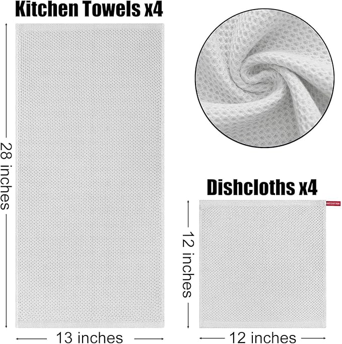 Kitinjoy 100% Cotton Kitchen Towels and Dishcloths Set, 10 Pack-13" x 28" and 12" x 12" Waffle Weave Dish Towels, Ultra Soft Absorbent Quick Drying Dish Rags, Light Grey