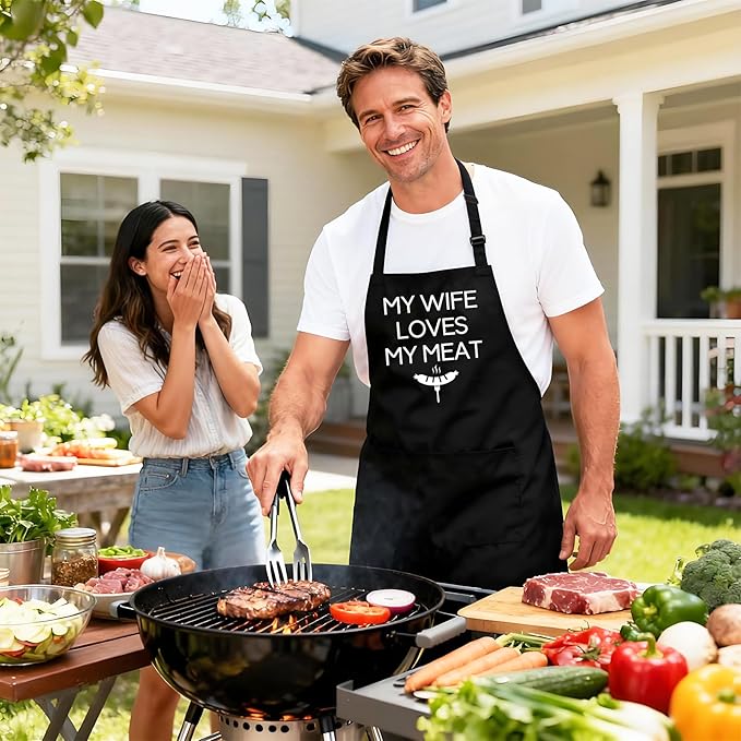 Kaidouma Funny Grilling Aprons for Husband Men - Men's Chef Cooking Grill BBQ Apron with 2 Pockets - Birthday Father's Day Christmas Valentines Day Gifts for Husband