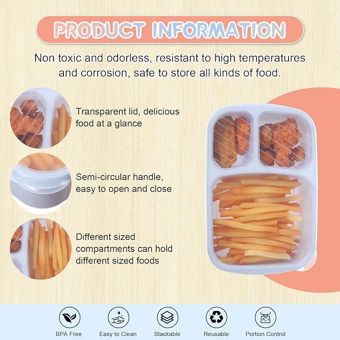 Honeydak 5 Pack Snack Containers 3 Compartment Bento Snack Boxes Divided Meal Prep Containers with Lids Reusable Adults Lunch Food Storage Box for School Work Travel(Blue Gray Brown)