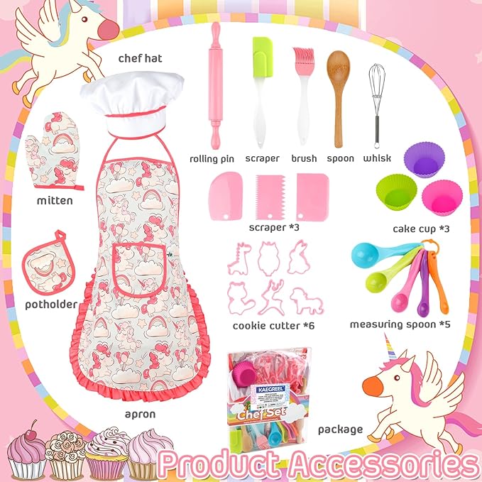 KAEGREEL Kids Baking Chef Set with Unicorn Apron and Mitt, 26pcs Kid Cooking Set with Chef Hat Spoons Whisk, Chef Dress Up Role Play Gifts for Girls Boys Aged 3 4 5 6 7 8