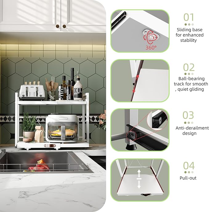 NETEL Expandable Microwave Stand,2 Tier Metal Kitchen Countertop Organizer Shelves with 8 Hooks,Bakers Rack,Pull-Out Microwave Shelf,Metal Storage Shelves,55lbs Weight Capacity,White