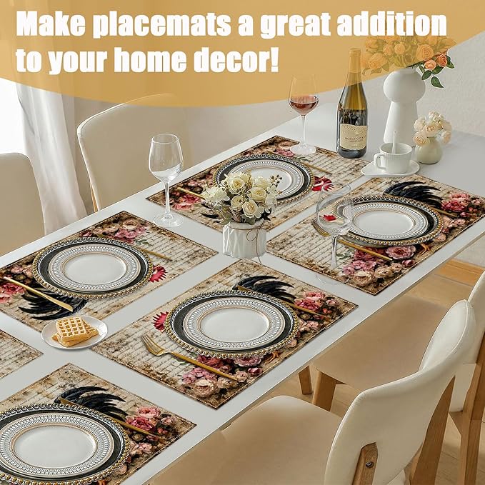 Vintage Rooster Floral Placemats Set of 6, Farmhouse Chicken Linen Place Mat Washable Stain Resistant Table Mats for Seasonal Kitchen Dining 12x18 Inch