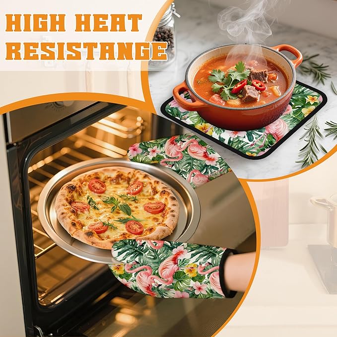 Palm Leaf Oven Mitts and Pot Holders Set,Flamingo Tropical Kitchen Oven Gloves and Pot Holder with Heat Resistant Non Slip for Cooking Baking Grilling(4 Piece Set)
