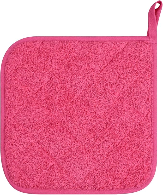 100% Cotton Kitchen Everyday Basic Terry Pot Holder Heat Resistant Coaster Potholder for Cooking and Baking Set of 5 (Dark Pink)