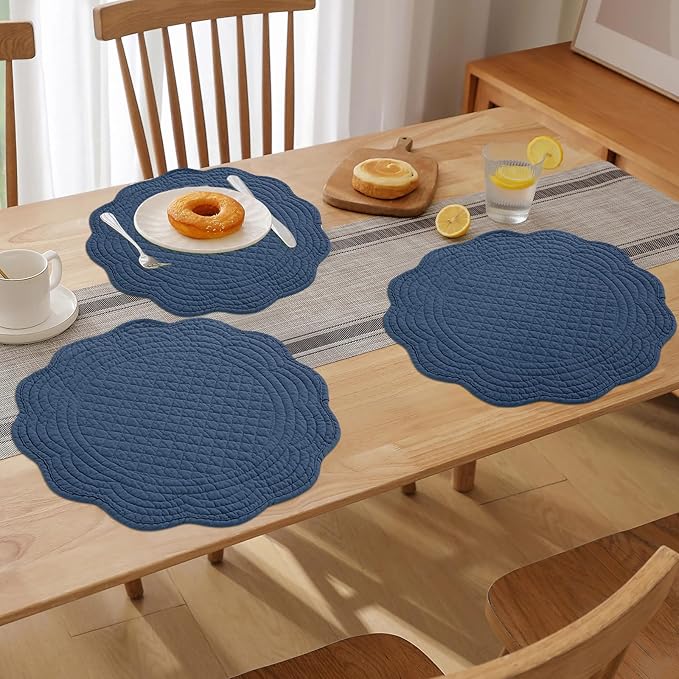 HOMBYS Quilted Placemats Set of 6 Washable Round Placemats for Kitchen Table-100% Cotton Fabric 14 Inch Round Table Mats, Cotton Fabric with Microfiber Filling, (14"x14", Sapphire Blue)