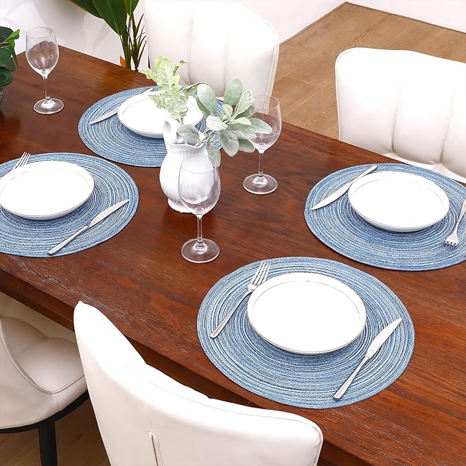 SHACOS Round Braided Placemats Set of 12 Circle Place Mats Cotton Polyester Kitchen Table Mats for Dining Table Wedding Party Decor (Blue Gray, 12)