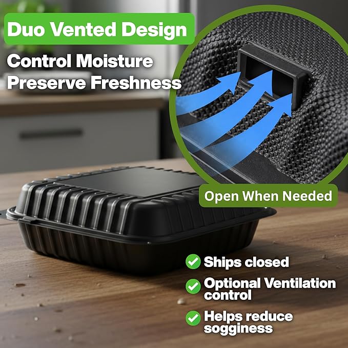 Front Lock MFPP Hinged Food Containers, 8" x 8" Black Vented Clamshell – 3 Compartment Disposable Takeout Boxes, Durable Microwaveable Containers for Restaurants & Food Service – 150 Pack