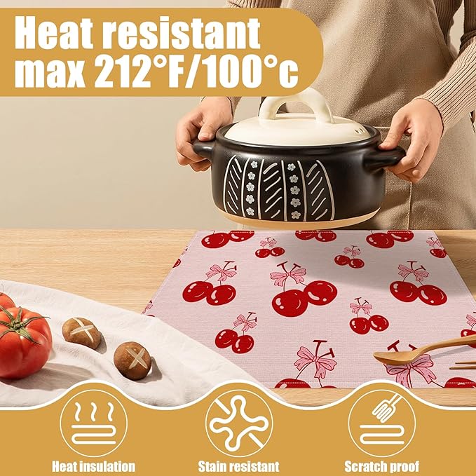 Red Cherry Bow Placemats Set of 6, Linen Place Mat Washable Stain Resistant Table Mats for Farmhouse Kitchen Dining Holiday Party Wedding Decor 12x18 Inch