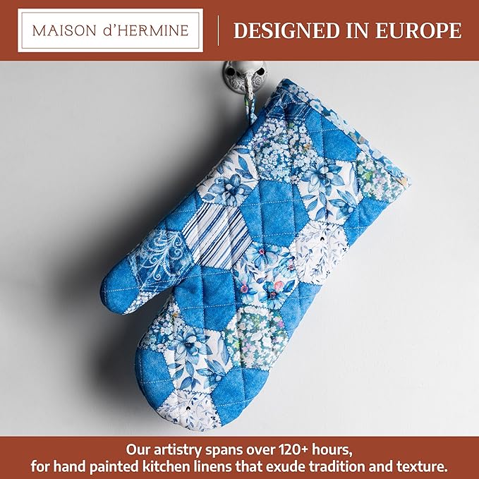 Maison d'Hermine Oven Gloves 100% Cotton Oven Mitt 7" x 13" with Loop Heat Resistant BBQ Cooking Gloves Baking Grilling Gifts for Mothers Day Spring/Summer (Pack of 1, Summer Blues)