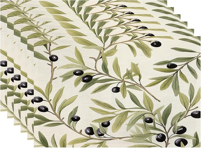 Batmerry Olive Branches Placemats, Leafy Olive Pattern Washable Linen Table Mats for Kitchen Table Double Insulation Decor Dining Set Indoor Outdoor 12X18 in Set of 6