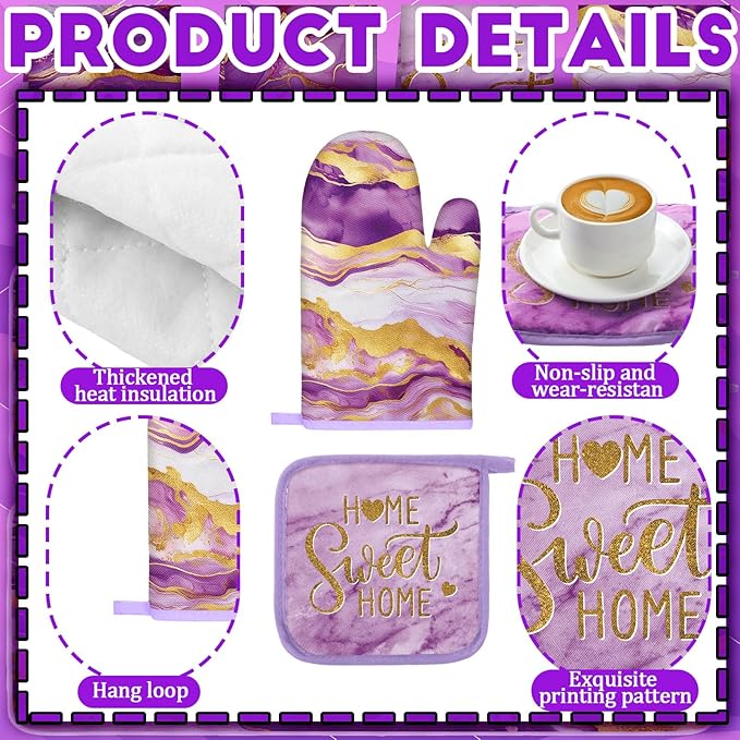 Fourluoo 10 Pcs Kitchen Dish Towels Rugs Oven Mitts and Pot Holders Kit Farmhouse Kitchen Decor Set Gloves Vintage Potholders for Baking Cooking Chef(Purple,Modern)