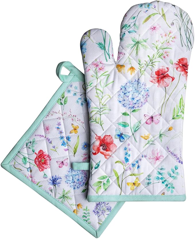 Maison d' Hermine 100% Cotton Oven Mitt & Pot Holder Set (7.5"x13" & 8"x8") Heat Resistant BBQ Cooking Gloves with Loop Baking Grilling Kitchen Gifts for Mothers Day Spring/Summer (Just Floral)