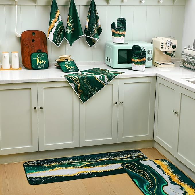 Fourluoo 10 Pcs Kitchen Dish Towels Rugs Oven Mitts and Pot Holders Kit Farmhouse Kitchen Decor Set Gloves Vintage Potholders for Baking Cooking Chef(Green,Modern)