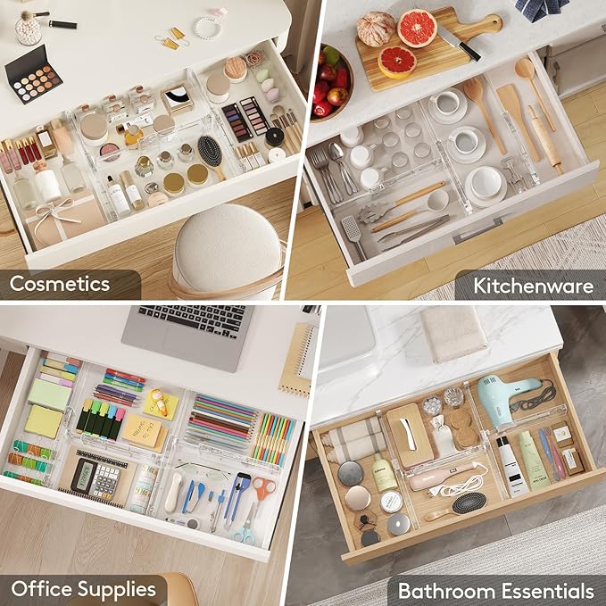 Lifewit 8 Pack 4" High Drawer Dividers 28-43.5cm/11-17" Adjustable Drawer Organizer for Clothes/Utensils, Expandable Drawer Organizer in Dresser/Kitchen/Bedroom/Office Organization & Storage Clear