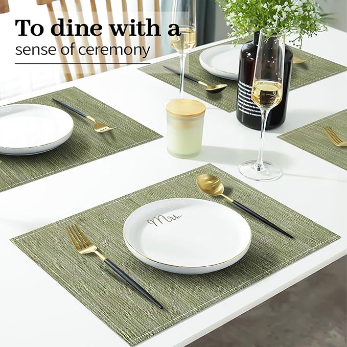 Green Placemats Set of 4, 12x18 Inch Heat-Resistant Washable Easy to Clean Place Mats, Faux Linen Cloth Table Mats Suitable for Indoor/Outdoor Parties & Kitchen Decor (Green)
