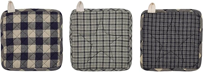 VHC Brands Cotton Pot Holder Set of 2, Heat Resistant, Kitchen Potholders, My Country Collection, Square 8x8, Navy