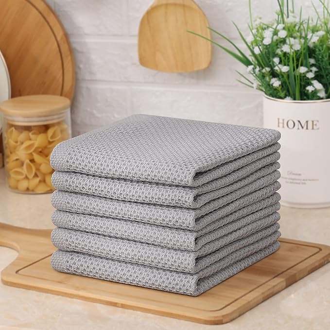 Kitinjoy 100% Cotton Kitchen Dish Cloths (12 X 12 Inches, Light Grey), 6 Pack Waffle Weave Ultra Soft Absorbent Dish Towels for Drying Dishes Quick Drying Kitchen Towels Dish Rags