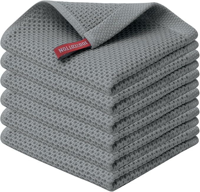 Kitinjoy 100% Cotton Kitchen Dish Cloths (12 X 12 Inches, Grey), 6 Pack Waffle Weave Ultra Soft Absorbent Dish Towels for Drying Dishes Quick Drying Kitchen Towels Dish Rags