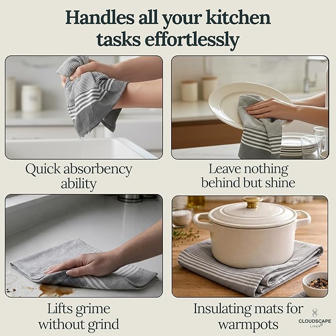 CLOUDSCAPE Kitchen Towels 12 Set 18”x28” Cotton Blended Hand Towels with Hanging Loop - Quick-Drying Dish Towels for Kitchen Essentials, Highly Absorbent, Dish Cloths Set for Washing Dishes - Grey