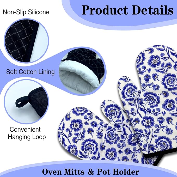 Funny Chinoiserie Floral Oven Mitts and Pot Holders Set of 3, Blue and White Porcelain, Heat Resistant Non-Slip Kitchen Mitts Hot Pads, Kitchen Decor Gifts for Women Baker Chinoiserie Lover