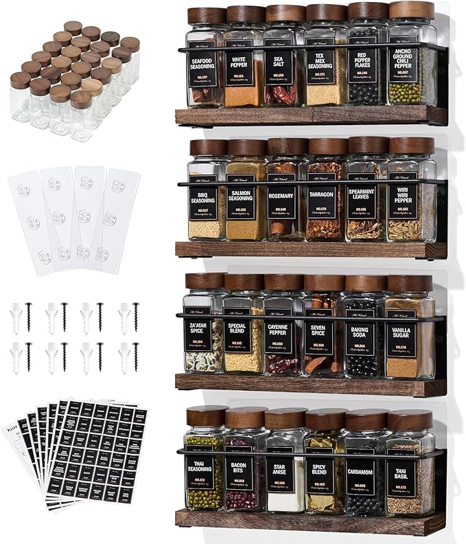 4-Tier Wall Mount Spice Rack Organizer with 24 Glass Jars, 216 Labels & Funnel - Screw/Adhesive Mount, Black Metal & Wood Spice Storage for Kitchen Pantry Cabinet, 11.6”L x 2.4”W x 3.2”H