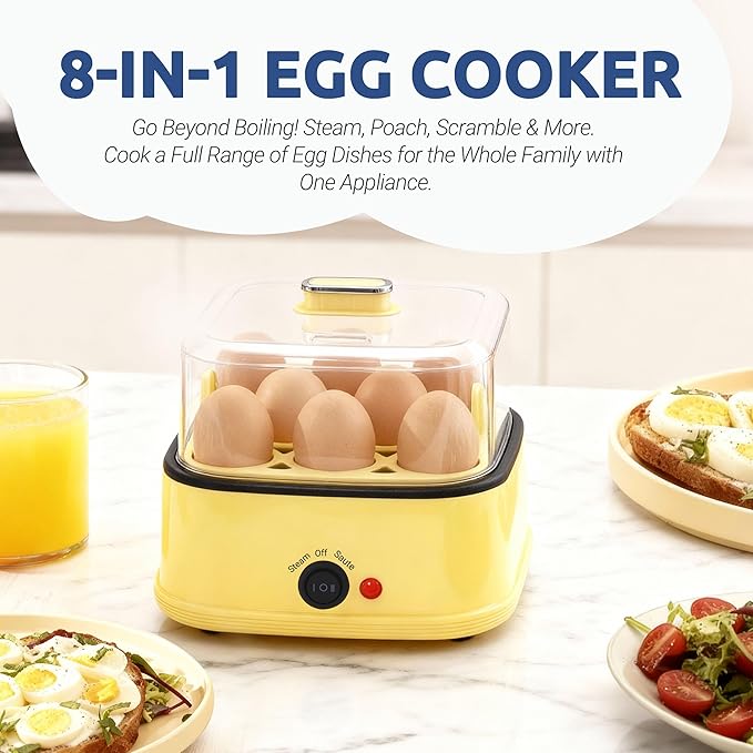 8-in-1 Electric Egg Cooker, Rapid Egg Boiler for Hard, Soft & Poached Eggs, Egg Bite Maker, Auto Shut-Off, 8 Egg Capacity, Breakfast Maker for Meal Prep, Apartment, Office, Dishwasher Safe