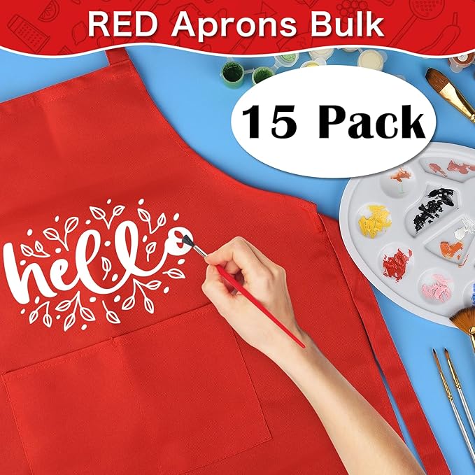 PLULON 4 Pcs Kids Aprons with 2 Pockets Painting Aprons for Kids Aprons Bulk, Paint Apron Adjustable Children Chef Aprons for Girls Boys Painting Baking Cooking Crafting - Red