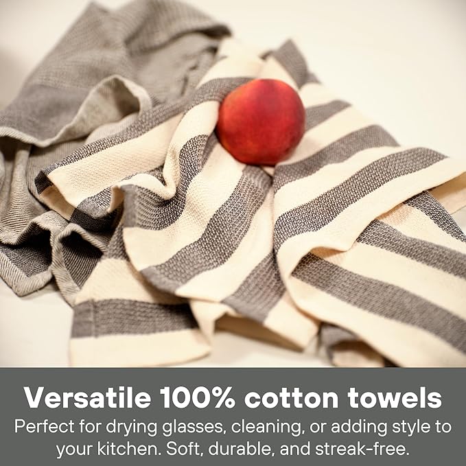 MEEMA Upcycled Spring Kitchen Towels Cotton Fabric | Super Absorbent Hand Towels with Hanging Loop | Cleaning Rags and Dish Towels for Kitchen | Charcoal Stripes | Large 18 x 28 Inch | 4-Pack