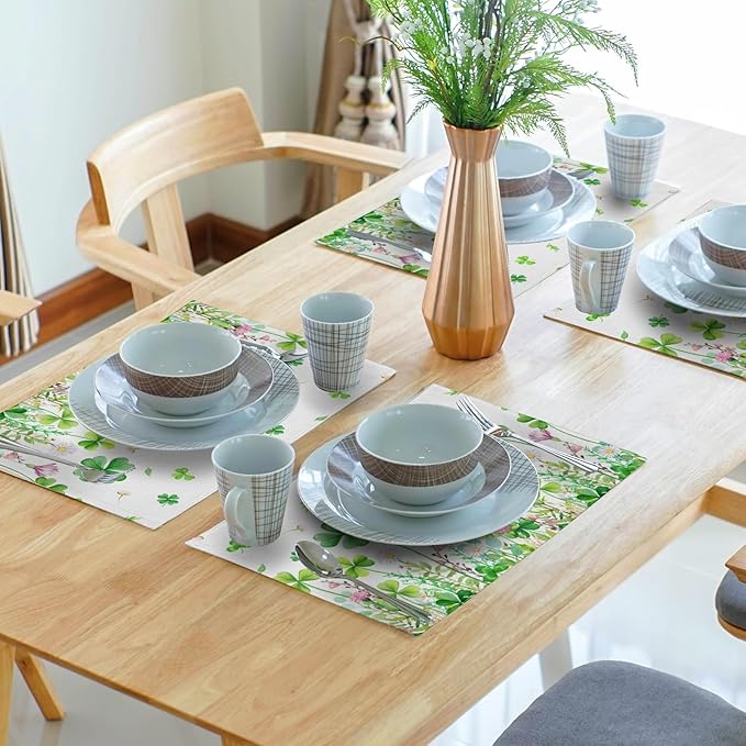 Green Shamrock Placemats Set of 4, 12 x 18 Inch Clover Lucky Floral Heat Resistant Linen Farmhouse Table Dining Place Mats for Seasonal Spring Kitchen Home Decor