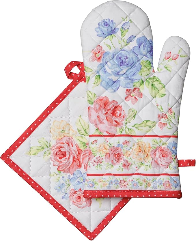 Maison d' Hermine 100% Cotton Oven Mitt & Pot Holder Set (7.5"x13" & 8"x8") Heat Resistant BBQ Cooking Gloves with Loop Baking Grilling Kitchen Gifts for Mothers Day Spring/Summer(Vintage Floral)