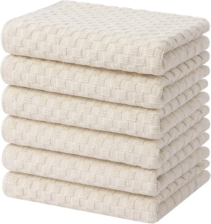 Homaxy 100% Cotton Terry Kitchen Towels(15" x 25", 6 Pack), Soft and Super Absorbent Dish Towels, 380 GSM Reusable Tea Towel with Hanging Loop, Pineapple Grid Designed, Beige