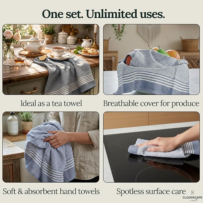 CLOUDSCAPE Kitchen Towels 12 Set 18”x28” Cotton Blended Hand Towels with Hanging Loop - Quick-Drying Dish Towels for Kitchen Essentials, Highly Absorbent, Dish Cloths Set for Washing Dishes - Indigo
