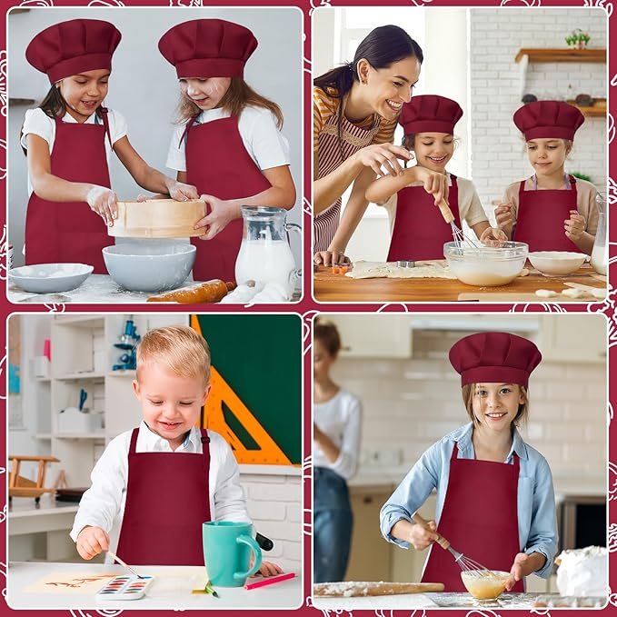 Kids Apron and Chef Hat Set Children Apron Adjustable with 2 Pockets Children Chef Painting for Cooking Baking