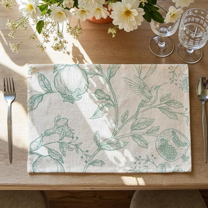 JINCHAN Linen Floral Placemats Set of Cloth Table Mats Rustic Cottagecore Botanical Outdoor Seasonal for Kitchen Dining Decor Heat Resistant Non-Slip Washable Tablemats 13x19 Inch Sage Green