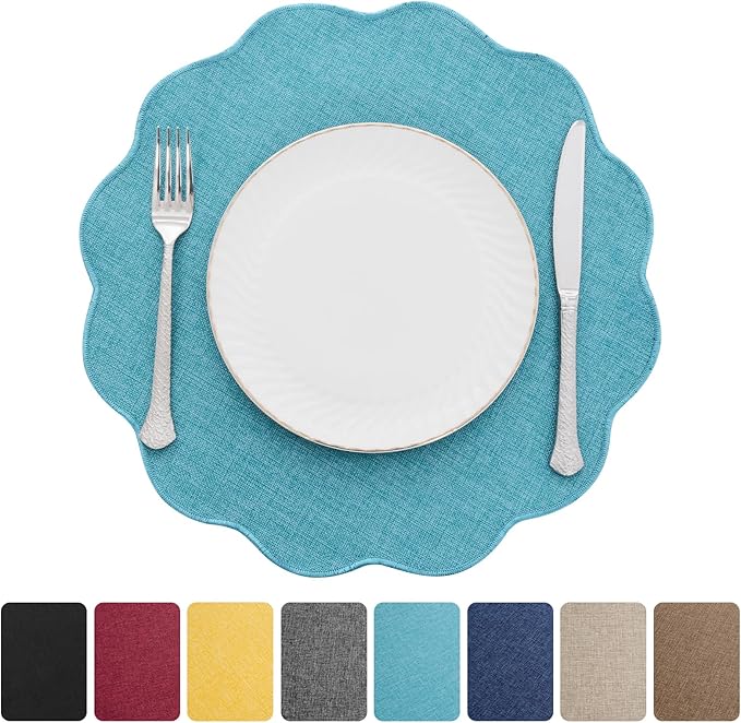 SHACOS Scalloped Round Placemats Set of 6 Polyester Linen Blend 15 inch Washable Non Slip Place Mats Easy Clean Heat Resistant Table Mats for Kitchen Dining Table Decor, Blue Green